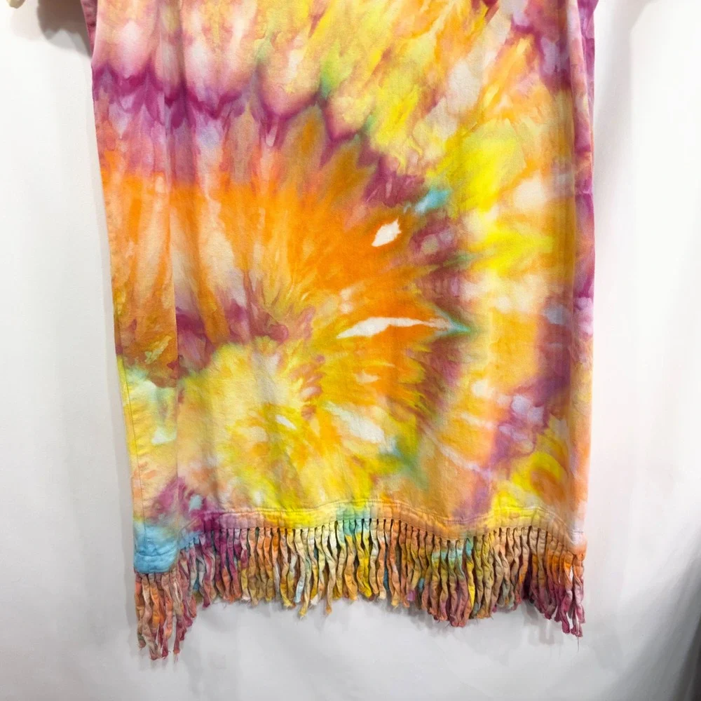 Las Olas Large Dress Handmade Tie‎ Dye Fringe Hem Short Sleeve Shift Knee249